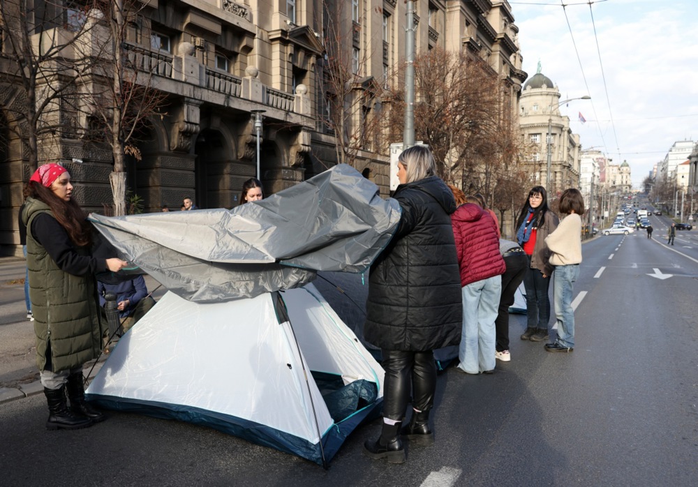 University students stage a blockade to protest against the election results in Serbia