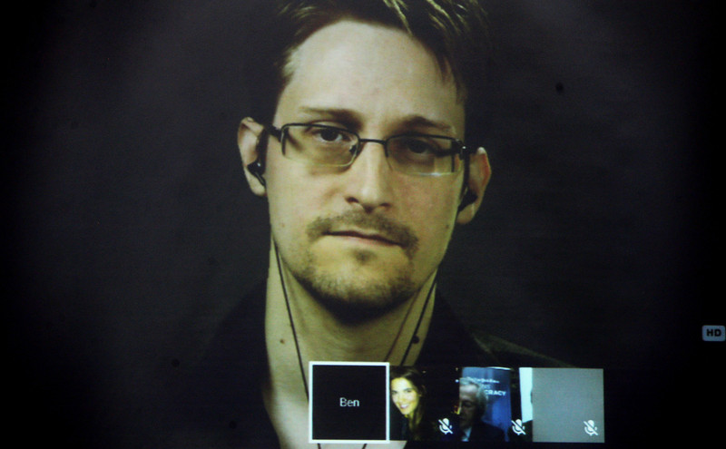 Former National Security Agency contractor, Edward Snowden, speaks via video link, in Athens