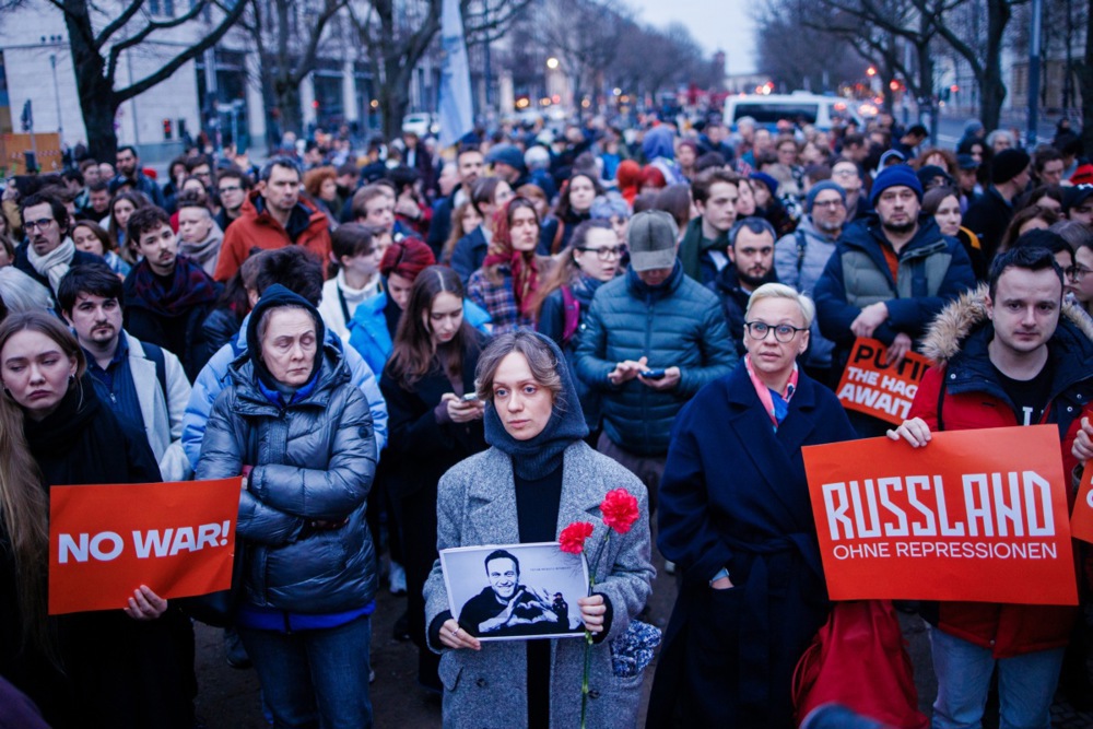 Rally in front of Russian embassy in Berlin after Alexei Navalny's death