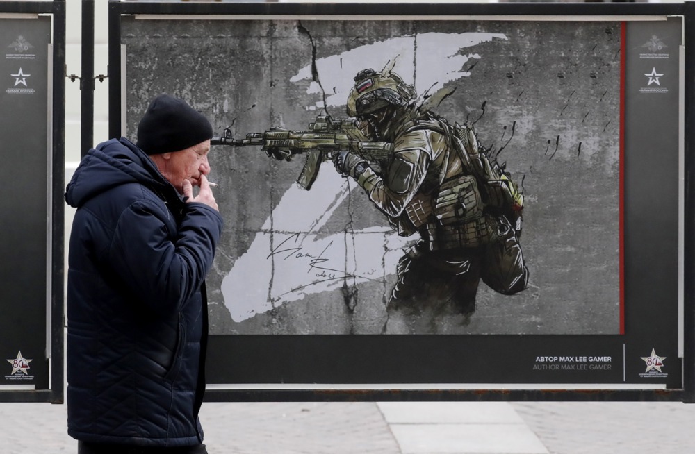 Street military exhibition 'We bring Peace' by Russian artists in St. Petersburg