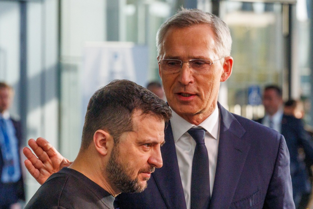 NATO Secretary General Stoltenberg and Ukraine's President Zelensky address doorstep