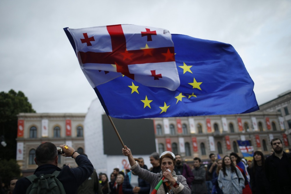 Georgians protest against the 'foreign agents' draft bill, outside the Parliament in Tbilisi