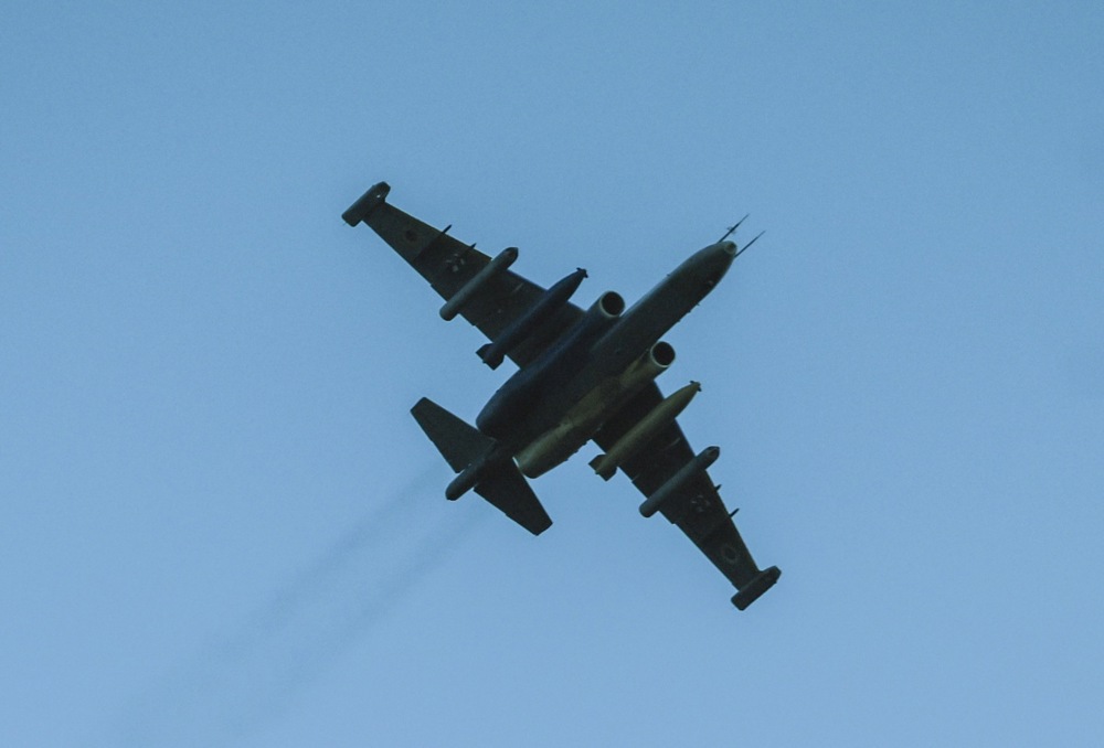 Ukrainian low-flying attack aircraft Su-25 flies in the Donetsk area