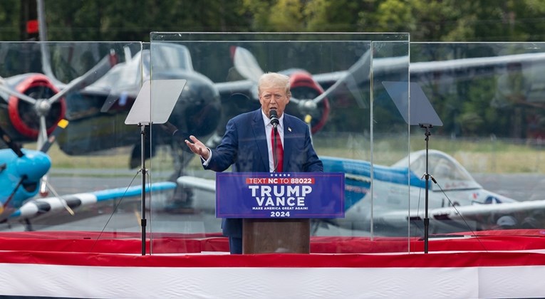 epa11558540 Republican Party Presidential Nominee, former president Donald J. Trump makes remarks to supporters gathered at the North Carolina Aviation Museum in Asheboro