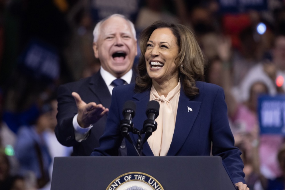 Democratic presidential candidate US Vice President Kamala Harris holds a campaign rally with Democratic vice presidential candidate Tim Walz