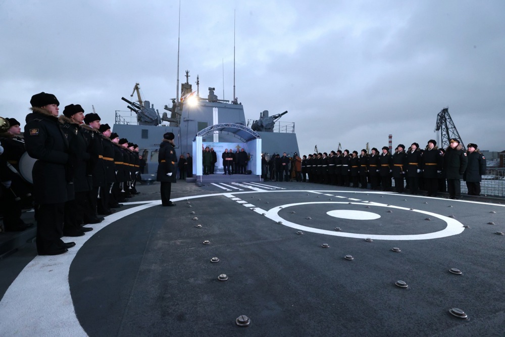 Russian President Putin attends naval flag-raising ceremony on Admiral Golovko frigate