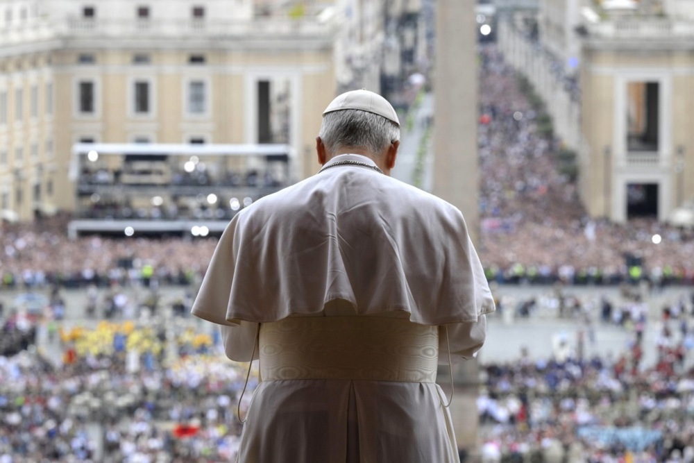Pope Leo XIV leads Regina Caeli prayer from the Central Loggia of St. Peter's Basilica