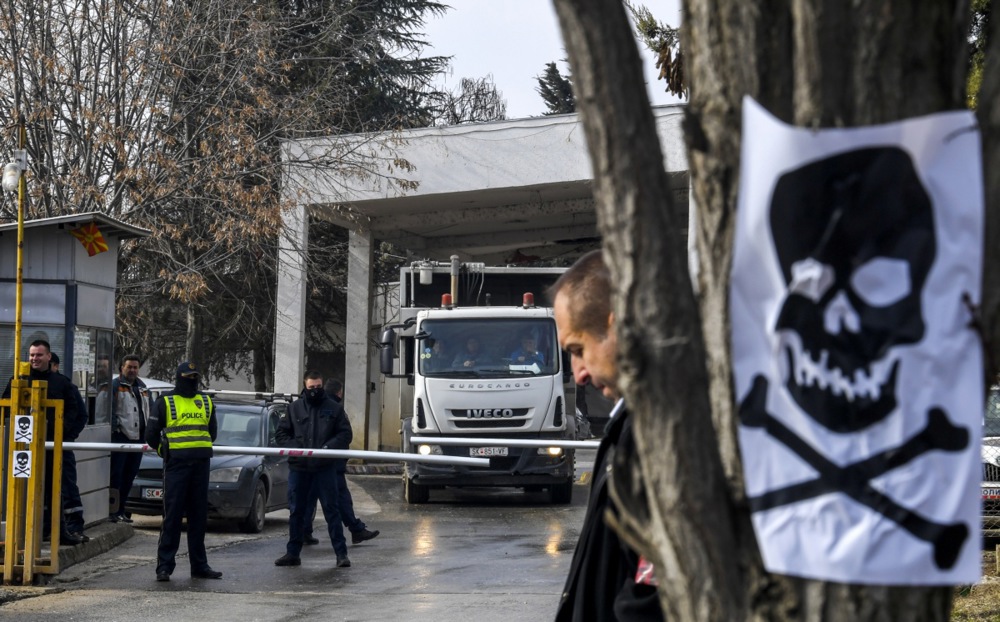 Ecological activists protest in front of the main landfill Drisla near Skopje
