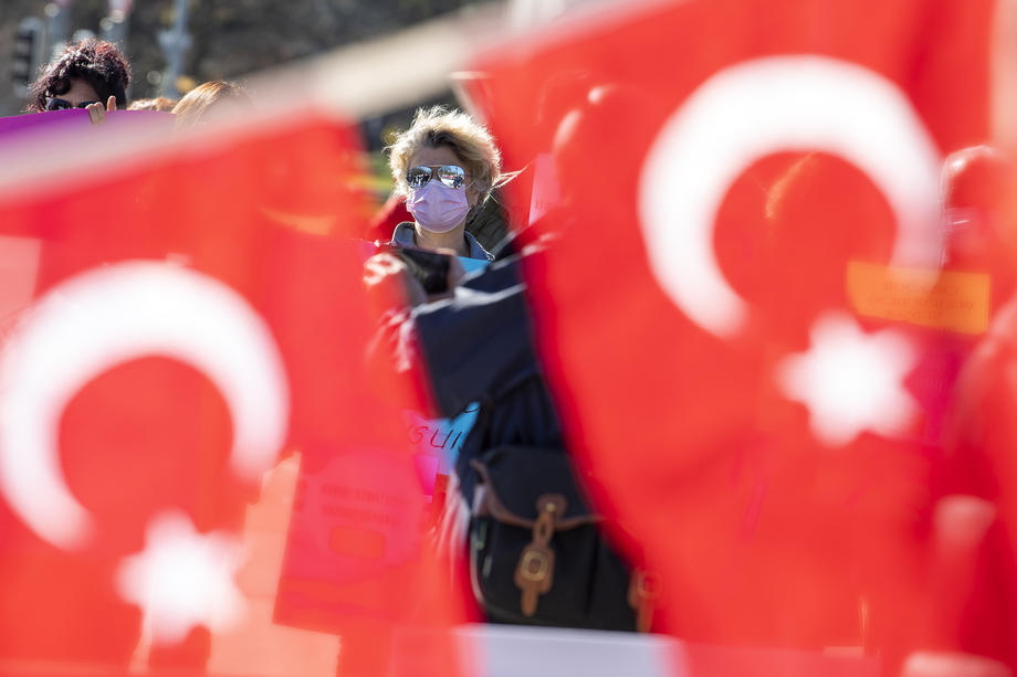 Turks living in Switzerland protest against Turkish President Erdogan's appointed rector