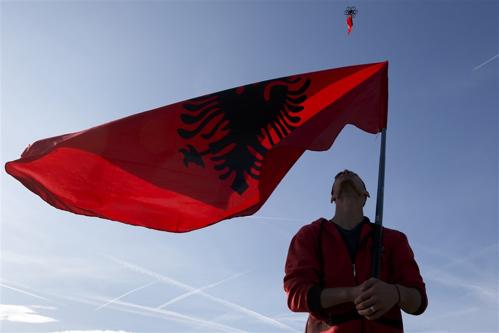 Protest of Albanians against an UEFA's decision in front of the UEFA Headquarters in Nyon