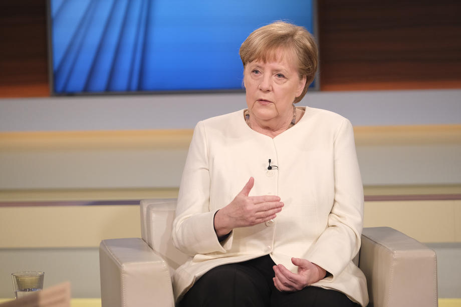 German Chancellor Angela Merkel talks at 'Anne Will' talk show on coronavirus crisis